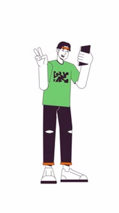 Young korean man taking selfie with peace sign 2D character vertical animation