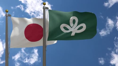 Japan and Aichi Prefecture Flags Waving in Sky