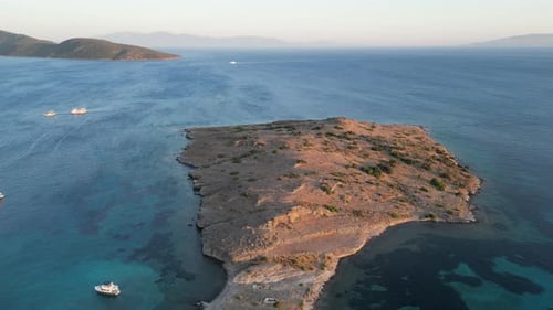 Aerial view of an island with boats, Bodrum, Mugla, Turkey.