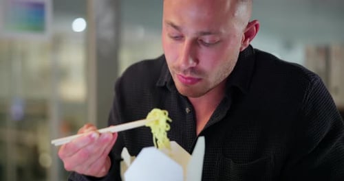 Businessman, eating and chinese food for break in office, nutrition and hungry with satisfaction by