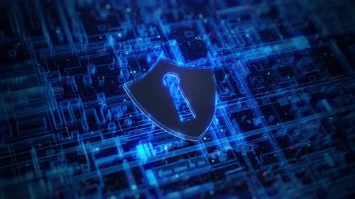 Cyber Security Shield Keyhole on Digital Circuit Board