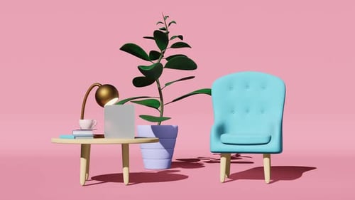 Minimalist 3D Workspace Scene with Animated Plant and Laptop