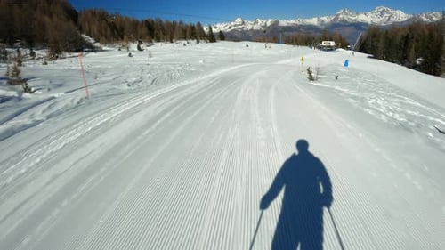 Skiing Shadow on a Sunny Mountain Slope