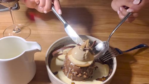 Top view of a sweet dessert with a soft, milk center - a petite gateau.