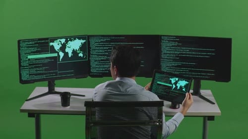 Asian Man Working With Tablet While Write Code With Multiple Computer Screens In Green Screen