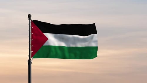 Realistic Palestine Flag Waving Against a Sunset Sky