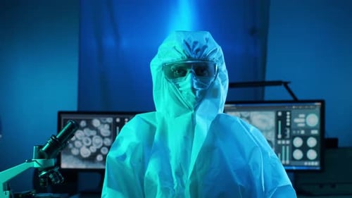 Health Researcher Wearing a Protective Suit in Lab
