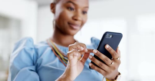 Phone, hands typing and black woman in office, texting or social media in workplace