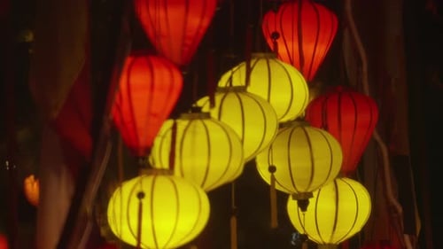 established of light paper lantern hanging from the roof of a chinese asiatic oriental city at night