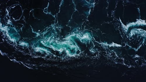 Turquoise Current and Swirls in Saltstraumen Maelstrom Aerial Top Down View
