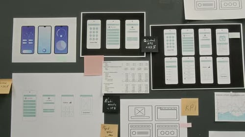 Prototypen von Wireframe-Layouts für eine neue mobile Anwendung an der Wand bei UX Company
