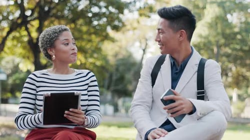Technology, tablet and business people in park working outdoors for online website