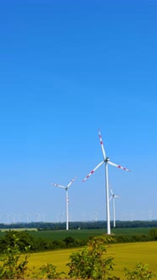 Wind turbines produce clean energy. Wind turbines stand tall against a clear blue sky