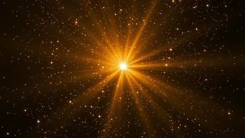 Fondo abstracto de partículas de polvo dorado y destellos de estrellas contra el telón de fondo del brillante