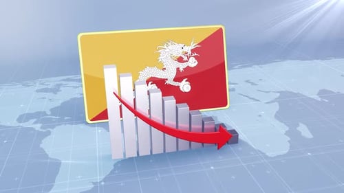 Bhutan Flag With Decrease Bar Chart Graph And Arrow Red