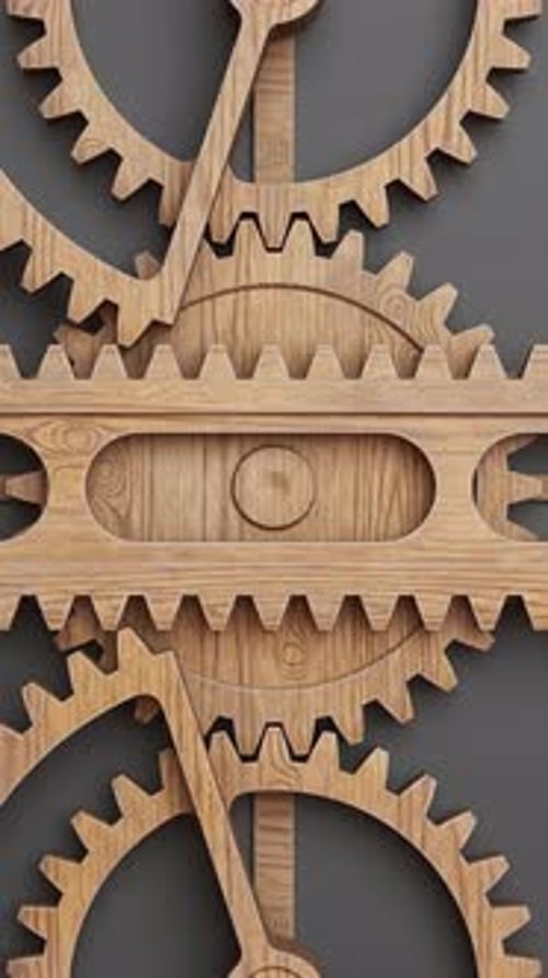 Seamless 3D loop of a wooden gear system with precision and woodcraft.