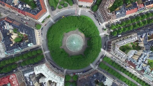 Aerial of the Karlaplan Park, Square and Fountain, in the city of Stockholm, Sweden.