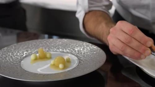 French chef plating a luxurious fine-dining dish slow motion close up shot.