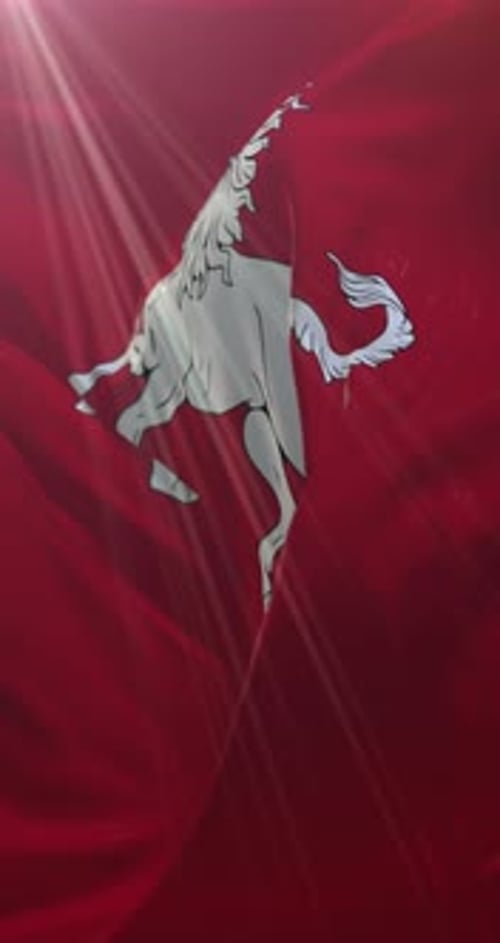 Dynamic Waving Red Flag with Stylized White Horse Emblem