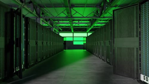 Green flashing light in warehouse lined with data servers; dolly out shot