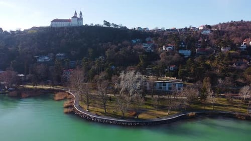 Tihany Monastery seen above lake and terracotta rooftops