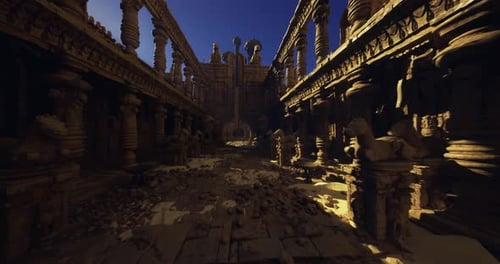 Elevated Walkway with Ornate Carvings Leads to Magnificent Royal Complex