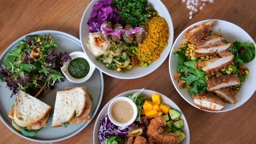 Top-Down View of Various Healthy Food Dishes