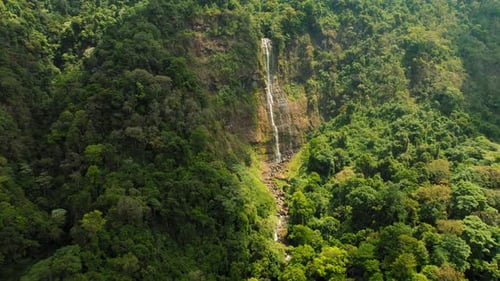 Aerial view of majestic Diamante waterfall surrounded by dense tropical forest in Costa Rica