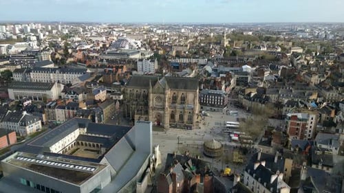 Basilica Saint-Aubin in Place Sainte Anne square and Jacobins convent, Rennes in France. Aerial back