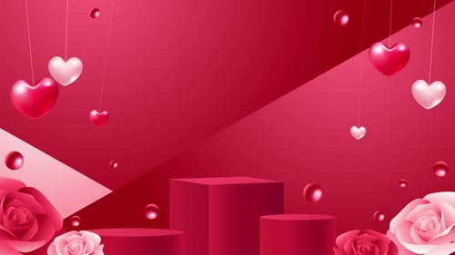 Romantic Red Background with Floating Hearts and Product Podiums