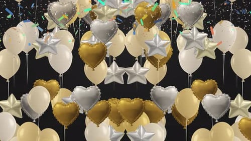 Elegant Gold and Silver Celebration Balloons with Falling Confetti