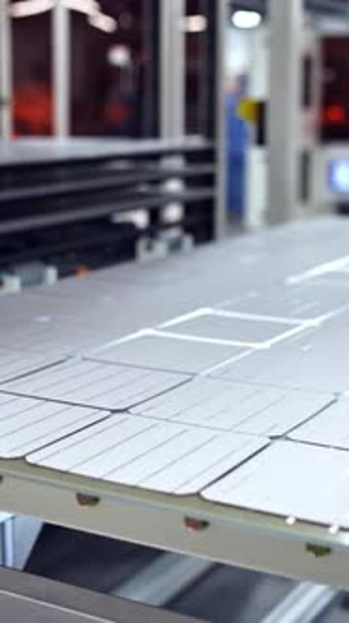 Automated factory equipment of energy device at work. Special machine makes new solar panels.