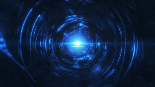Ein futuristischer Tunnel mit blauem Licht, das von der Mitte ausgeht und Cyberpunk und Hightech bietet