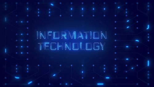 Information Technology Word Text with neon circuit board design or computer semiconductor design