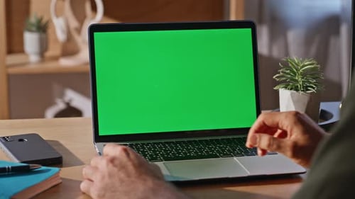 Man Fingers Tapping Chromakey Computer Touchpad Working Cabinet Agency Closeup