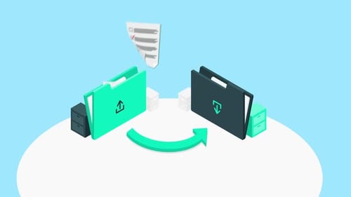 Transfert et synchronisation de documents - Animation isométrique 3D du partage de fichiers entre serveurs