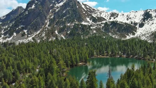 Mountain Lake with Snow Mountains and Green Forest