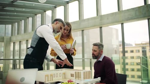Group of Architects with Model of a House Standing in Office, Talking