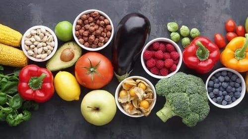Various colorful, fresh fruits and vegetables arrangement