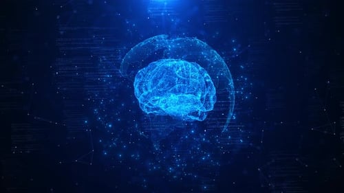 Tecnología cerebral digital Inteligencia artificial, concepto de HUD con IA. Placa de circuito cerebral con holograma, computadora