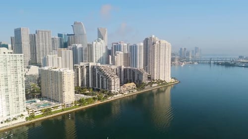 Wide Drone Aerial Footage of Downtown Miami Skyline and Bay Morning Time