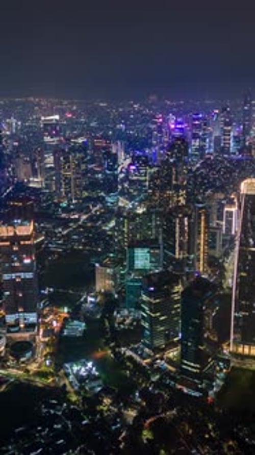 Aerial Timelapse of Downtown Jakarta at Night Indonesia