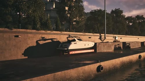 A Sleek Motorboat Docks Peacefully on a Harbor at Sunset