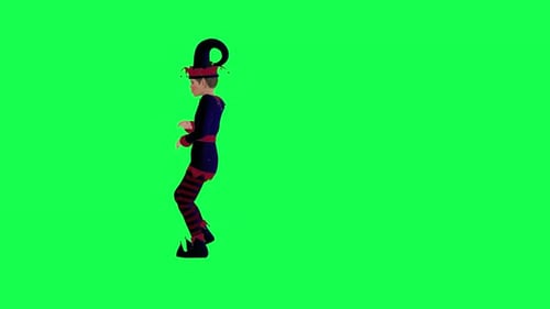 Cartoon clown elf running tired right angle on green screen
