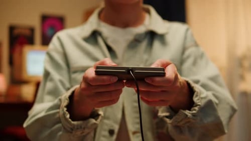 Young Adult Plays Retro Handheld Video Game