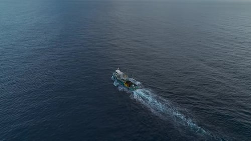 Aerial View Ship Sailing Towards Port Horizon View