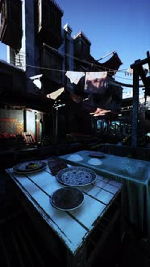 Old City Market Street View Vertical Background