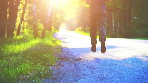 Sport Man Running at Asphalt Road Rural City Park Green Tree Forest and Sun Rays on Horizon