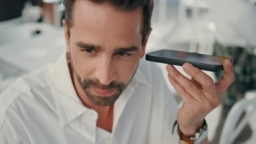 Italian Man Listening Audio Use Phone at Cafe Closeup Executive Drinking Coffee