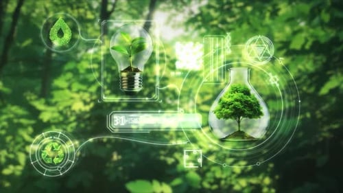 Futuristic Green Environment HUD Display with Technology Data